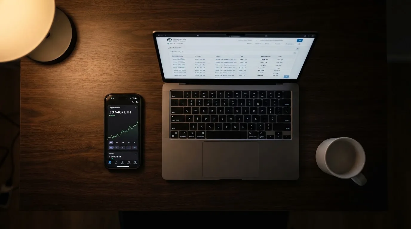 A phone displaying a cryptocurrency wallet balance next to an open laptop.