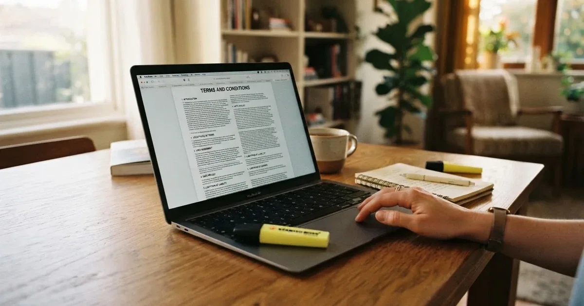 A laptop screen showing a page of terms and conditions text with a highlighter resting nearby.