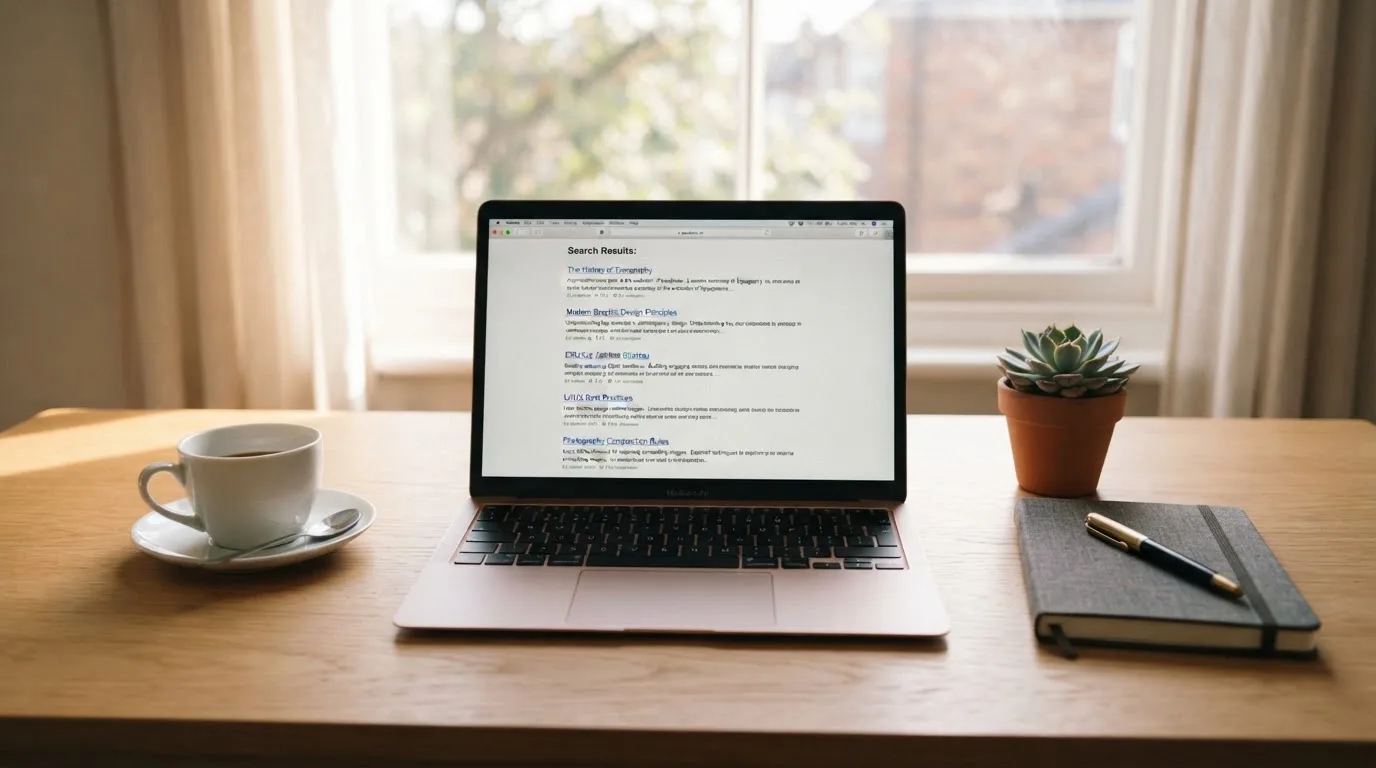 A tidy home office desk with a laptop open to a search results page and a coffee cup nearby.