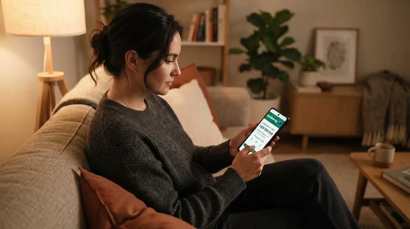 A person sitting calmly with a phone open to a support helpline page, no gaming screen visible.
